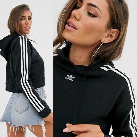 NEW adidas Black Original 3 Stripe Cropped Hoodie - Picture 6 of 9